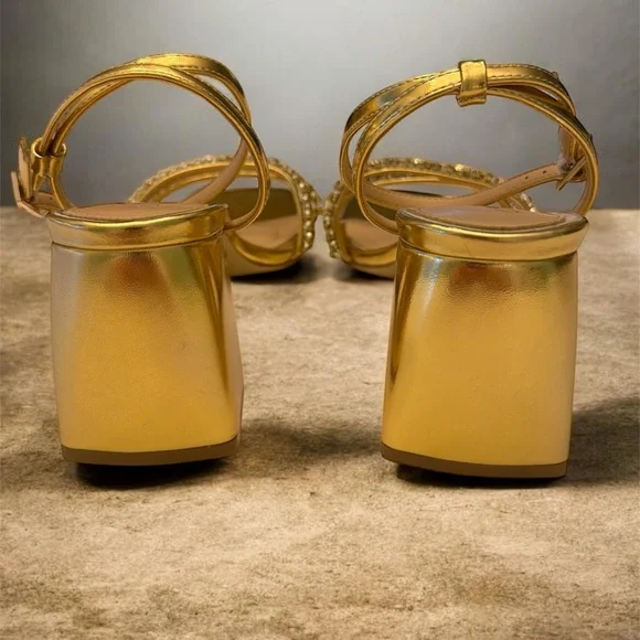 Jewel Badgley Mischka Gold Crystal-Strap Block Heel Sandals - Picture 2 of 5